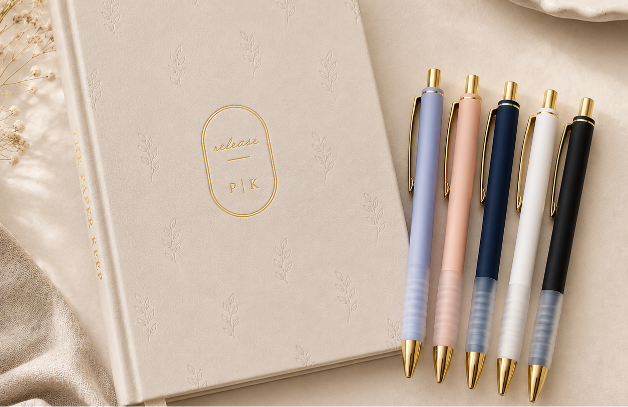 A beige embossed notebook with a gold oval logo reading 'relax & P.K' is styled on a soft cream surface beside five pens in pastel blue, pink, navy, white, and black with gold accents.