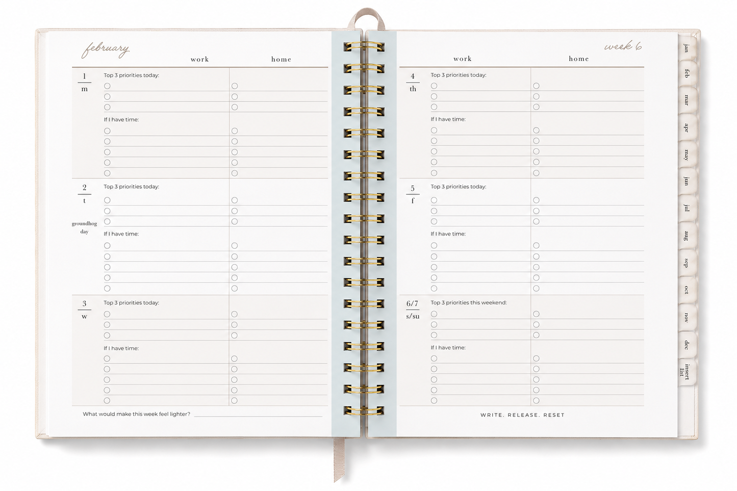 An open spiral-bound planner or agenda with two inner pages showing a daily work-hour log layout. The pages are off-white with light gray and black text, and the spiral binding has gold-toned rings.