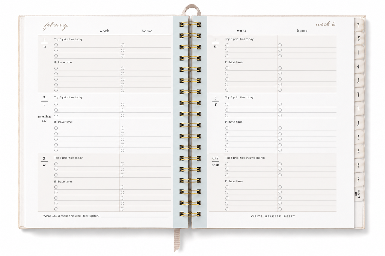 An open spiral-bound planner or agenda with two inner pages showing a daily work-hour log layout. The pages are off-white with light gray and black text, and the spiral binding has gold-toned rings.